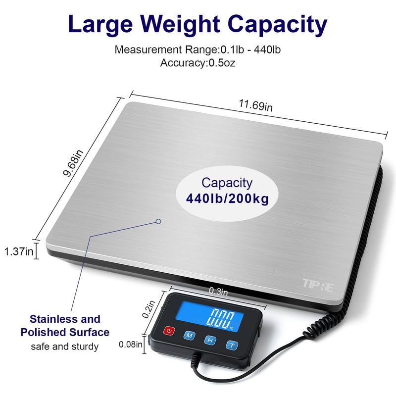 TIPRE Digital Shipping Postal Scale 0.5 oz High Accuracy! 440lb Commercial Weight Scale for Package, Small Business, Mail, Warehouse, Home, Battery & Charging Cable Included - Image 2